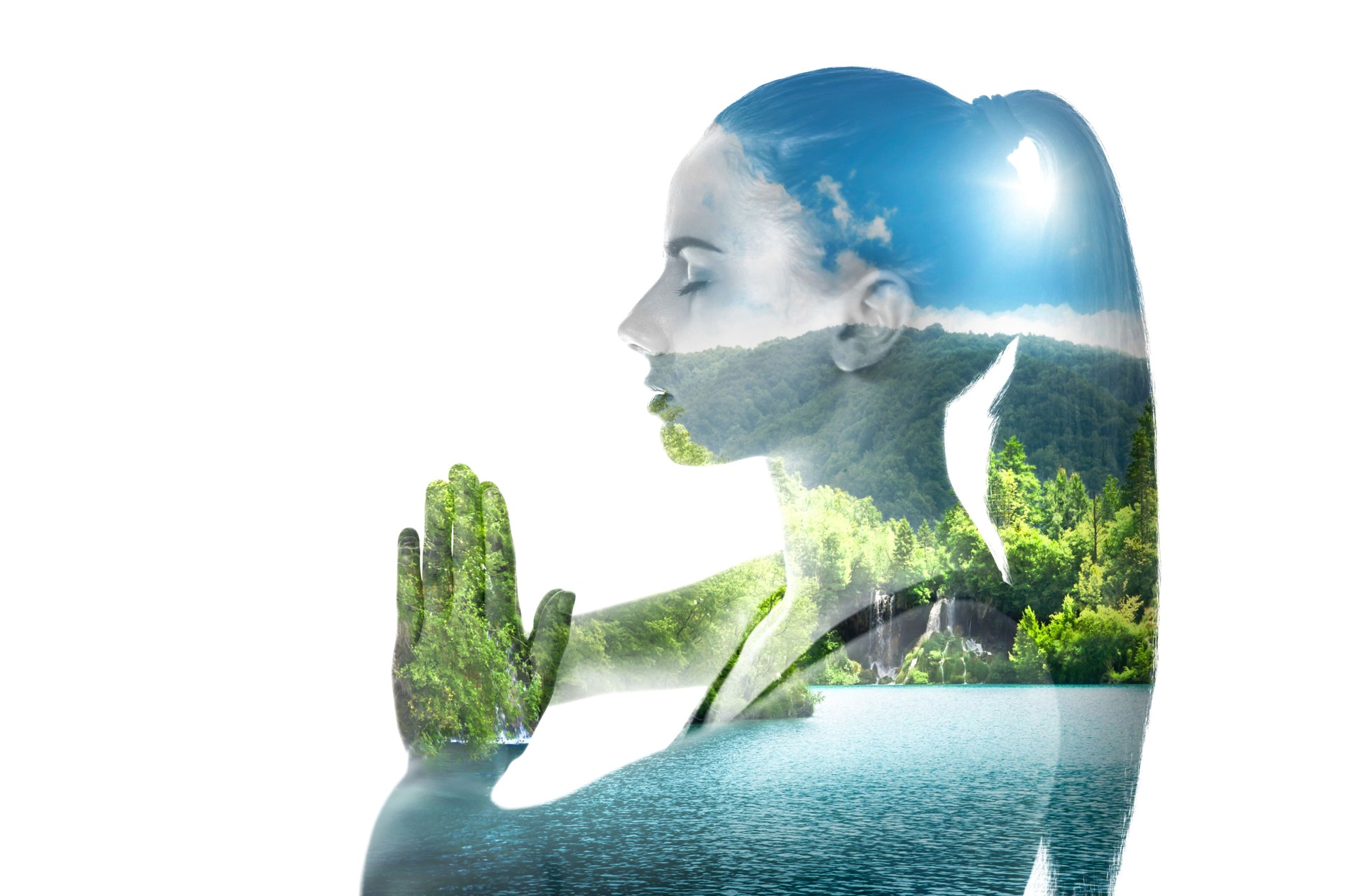 Dupla exposição da mulher e da floresta